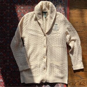 Lauren Ralph Lauren Cream Cable Knit Cardigan RL Silver Embroidered Crest